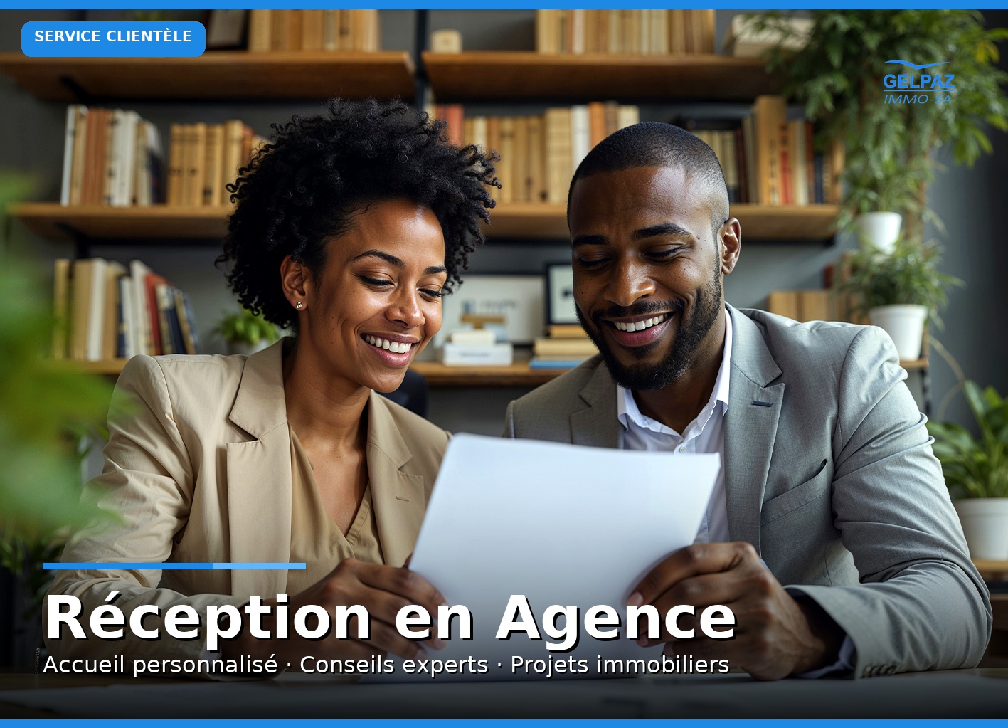 Accueil d’un client à la réception de l’agence GELPAZ IMMO